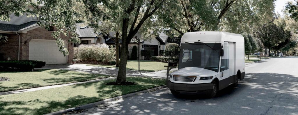 Next Generation Delivery Vehicle (NGDV) parked in a residential area.